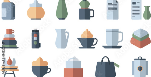 Assortment of stylized icons representing household objects and beverages