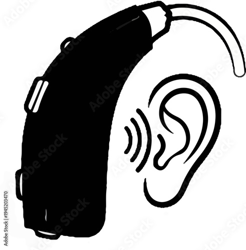 Black and white illustration of a behind-ear hearing aid next to a human ear