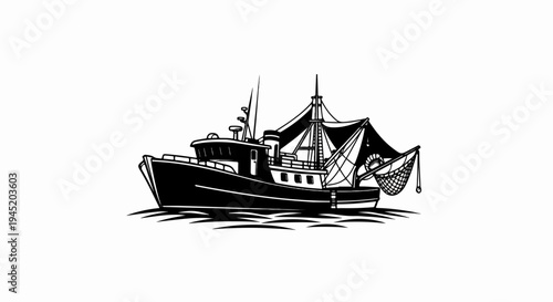 Black and white illustration of a fishing boat with nets