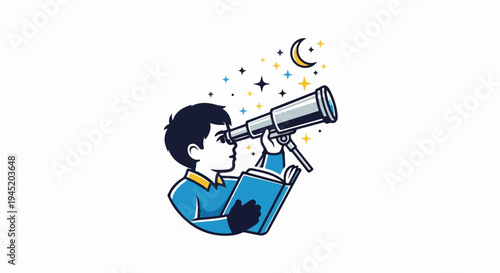 Boy gazes through telescope at night sky with stars and moon