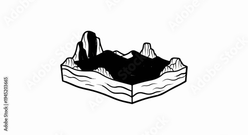 Black and white illustration of a layered landscape with mountains