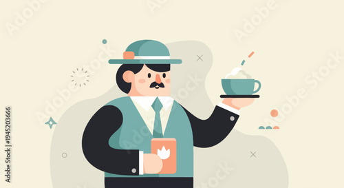 A smiling man in a hat serves a foamy drink on a tray