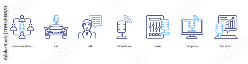 Digital Audio Tools web banner icon vector illustration featuring showcasing communications, car, talk, microphone, mixer, computer, and bar chart for creative podcasting.