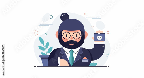 Bearded businessman in suit holds a smartphone with an email icon