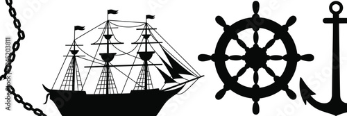Black Nautical Silhouette Collection Featuring Detailed Vintage Sailing Ship With Rigging Broken Metal Chain Old Wooden Steering Wheel And Large Maritime Anchor Isolated On White