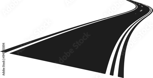 A winding asphalt road with white lane markings against a white background