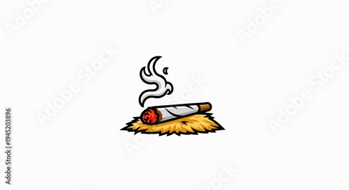 Burning cigarette on a bed of straw with smoke wisps