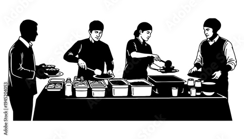 A black and white illustration of people serving food at a buffet