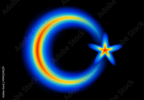 Crescent moon and star shape glowing in neon light, with heatmap color palette for Islam holidays