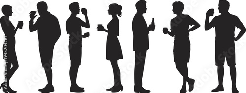 Black silhouettes of diverse young men and women standing and socializing while holding coffee cups and bottles isolated on a clean white background