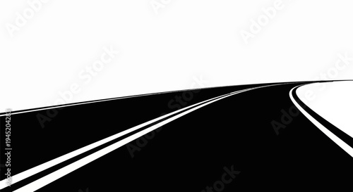Black asphalt road with white lines curving into distance against white background