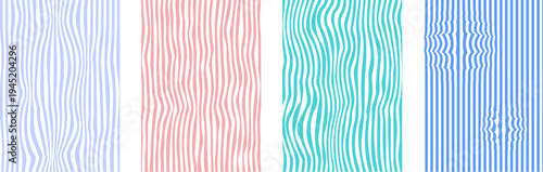 Set of four colorful vertical psychedelic retro wavy line patterns on white background