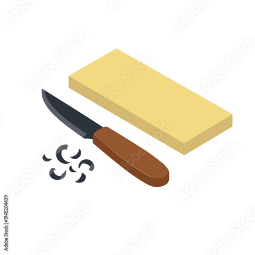 A knife cuts a block of cheese on a surface with shavings