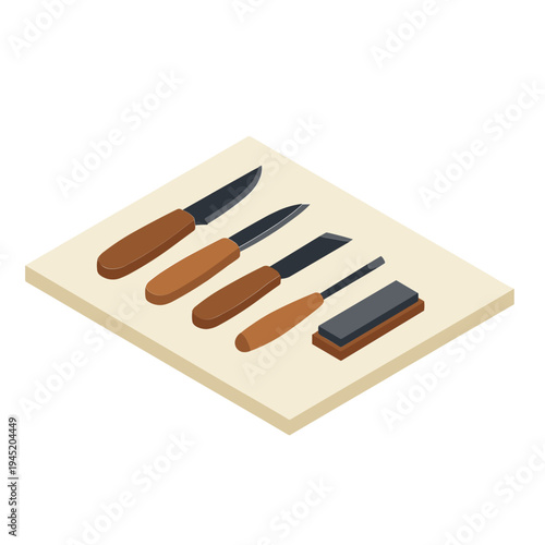 An isometric illustration of various woodworking tools on a cutting board.