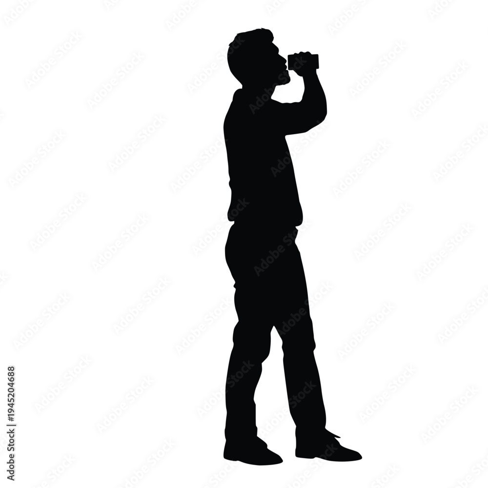 Fototapeta premium Young Man Silhouette Standing and Drinking from Aluminum Soda Can Side View Profile Refreshment Break Cold Drink and Beverage Lifestyle Concept Image