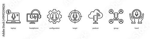 Online Podcast Collaboration web banner icon vector illustration featuring laptop, headphone, configuration, target, podcast, group, and hand for digital teamwork.