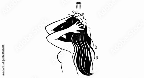 Black and white illustration of a person washing their hair in the shower