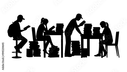 Worker silhouette illustration of people working at desks with boxes
