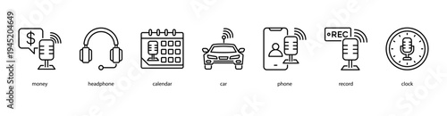 Podcast Essentials web banner icon vector illustration featuring money, headphone, calendar, car, phone, record, and clock for digital broadcasting and creative media.