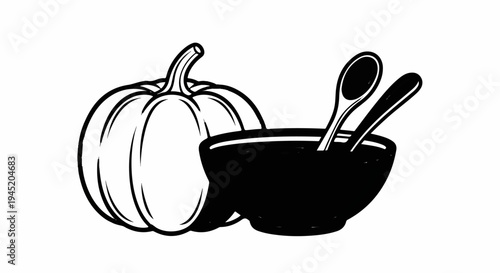 Black and white illustration of a pumpkin beside a bowl with two spoons