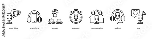 Podcast Media Platform web banner icon vector illustration featuring advertising, smartphone, podcast, stopwatch, communication, podcast, and love for digital content sharing.