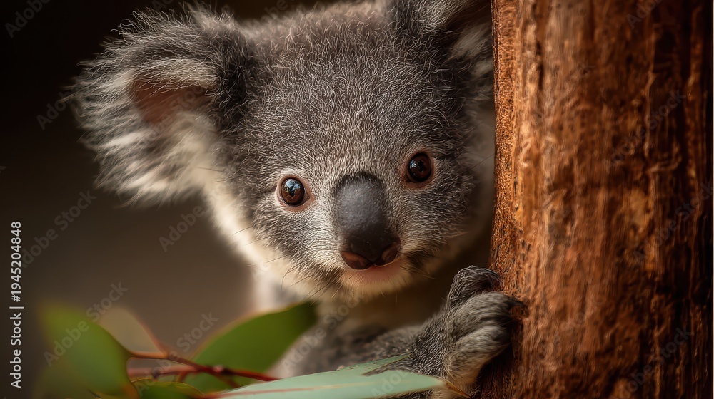 Fototapeta premium Koala peers out from a tree in a natural habitat during the day highlighting its curious nature and unique features