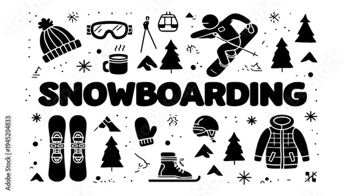 Snowboarding vector illustration with various winter sports icons and equipment