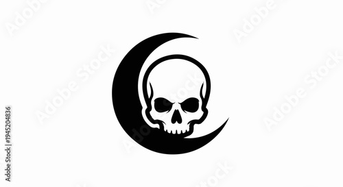 A stark black and white graphic depicts a skull emerging from a crescent moon