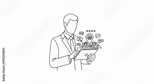 Businessman using tablet displaying augmented reality store location with reviews