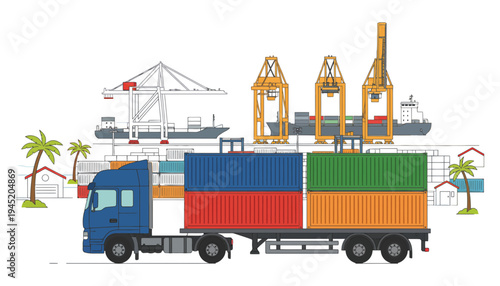 A blue truck transports colorful shipping containers near a port with cranes