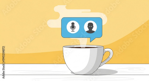 Illustration of a steaming white coffee cup with a blue speech bubble containing a microphone and person icon on a yellow background symbolizing communication and social