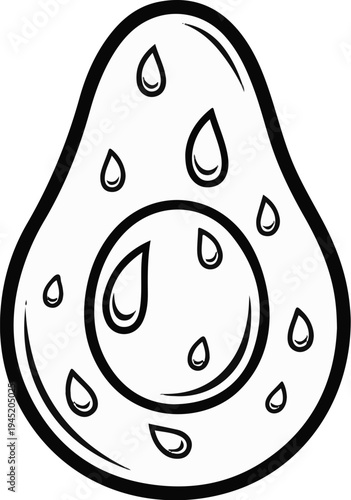 A stylized black and white drawing of a halved avocado with water droplets