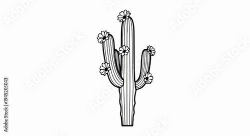 A stylized black and white drawing of a tall cactus with blooming flowers