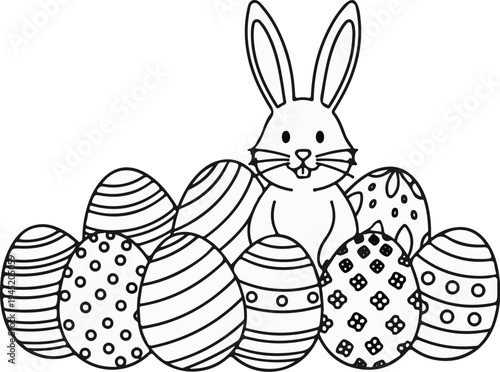 A stylized black and white drawing of a rabbit with long ears, behind decorated Easter eggs