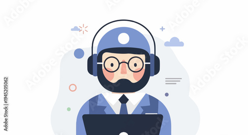 Bearded man in headset with glasses and laptop, cartoon style