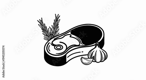 Black and white illustration of raw steak with garlic and rosemary sprigs