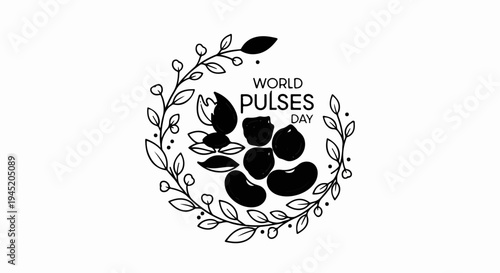 Black and white illustration of various pulses arranged within a floral wreath