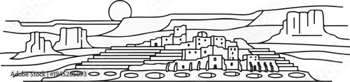 A stylized black and white drawing of an ancient cliff dwelling village at sunset