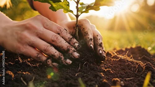 Adult hands carefully place young green plant seedling in fertile dark soil, bathed warm golden sunlight. Nurturing growth for sustainable future