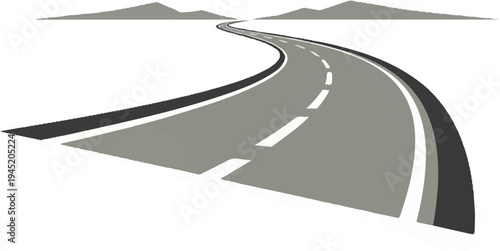 A winding grey asphalt road with white dashed lines curves through a stark, minimalist landscape