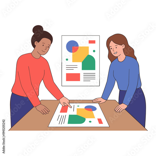 Two women discuss and analyze colorful charts and graphs on a table