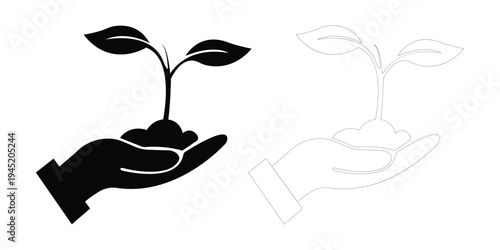 Hand Holding Plant Sprout Silhouette and Outline Icon Set for Environmental Growth Concepts