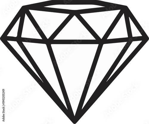 A stylized black and white line drawing of a faceted gemstone