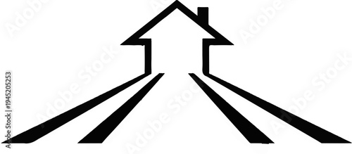 Abstract house silhouette with diverging paths leading towards it, representing growth