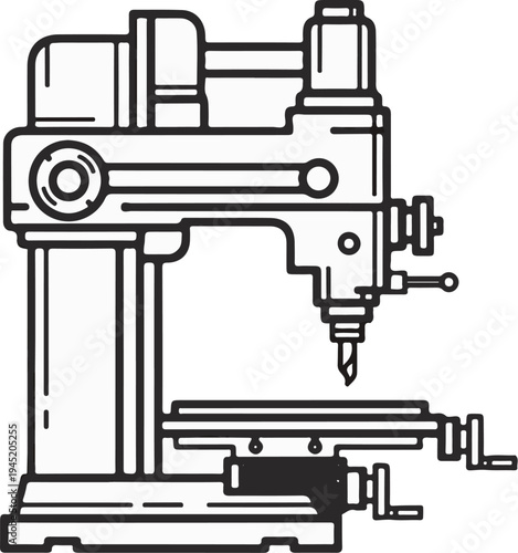 Black and white line drawing of a milling machine with drill bit