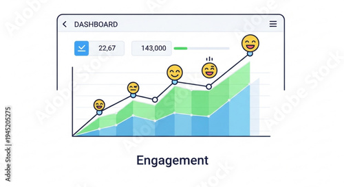 Social media engagement graph with smiling emojis on a dashboard showing increasing trend