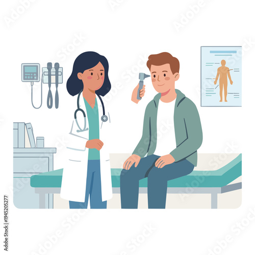 Doctor examining patient with otoscope in clinic room