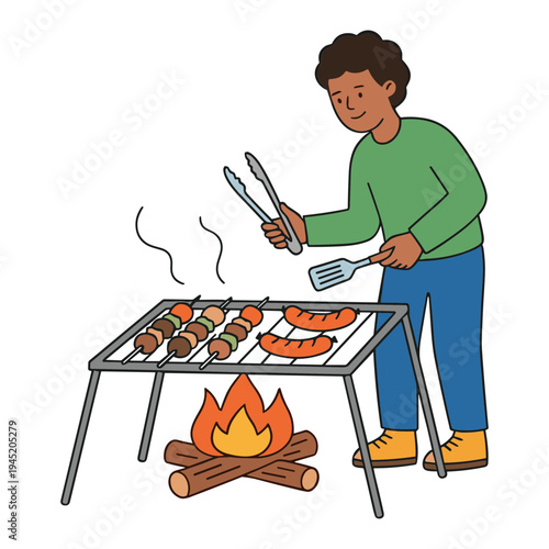 Man grilling sausages and meat on barbecue outdoors at night
