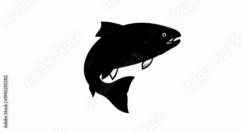 A stylized black fish leaps upwards against a white background