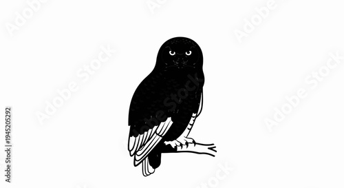 A stylized black owl with bright white eyes perches on a branch